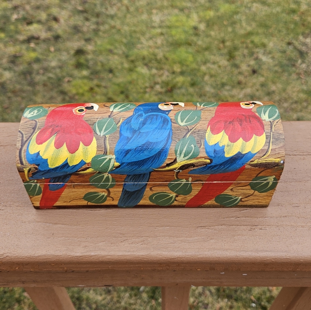 Hand Painted Tropical Parrots Wood Trinket Box 7.50' x 2.75"